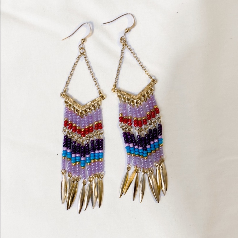 Beaded Dangle Earrings  Purple& Gold Boho 3” Long